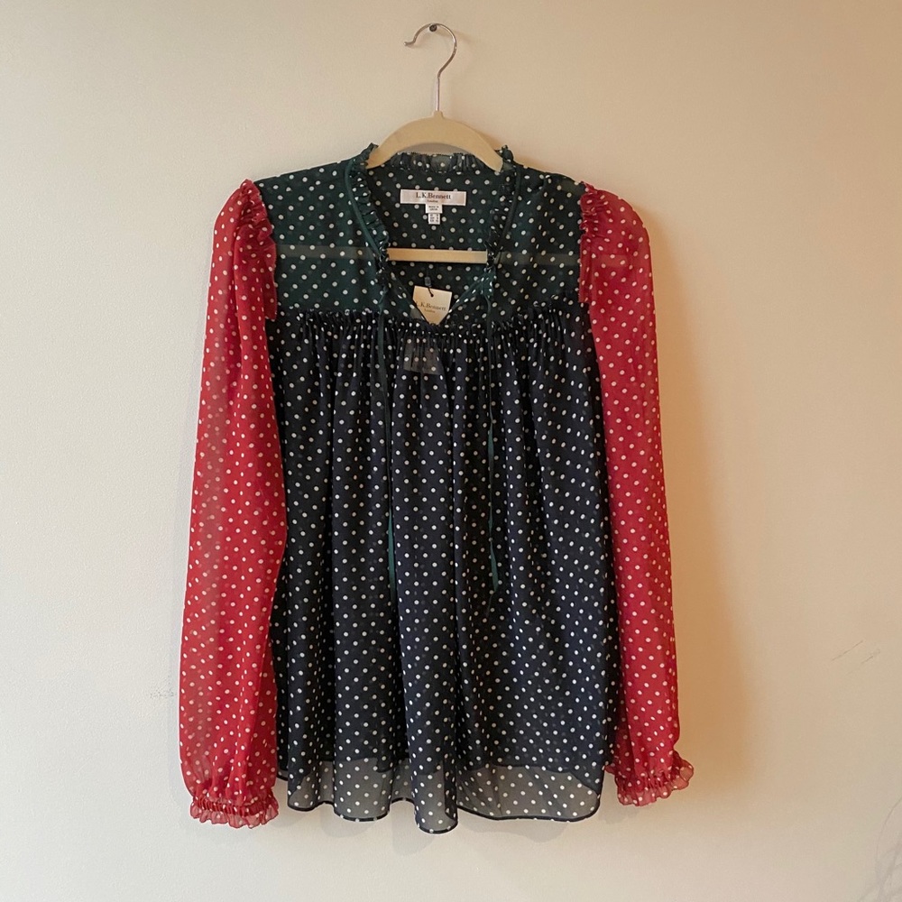 LK Bennett Polka Dot Contrast-Sleeve Blouse in Black and Red